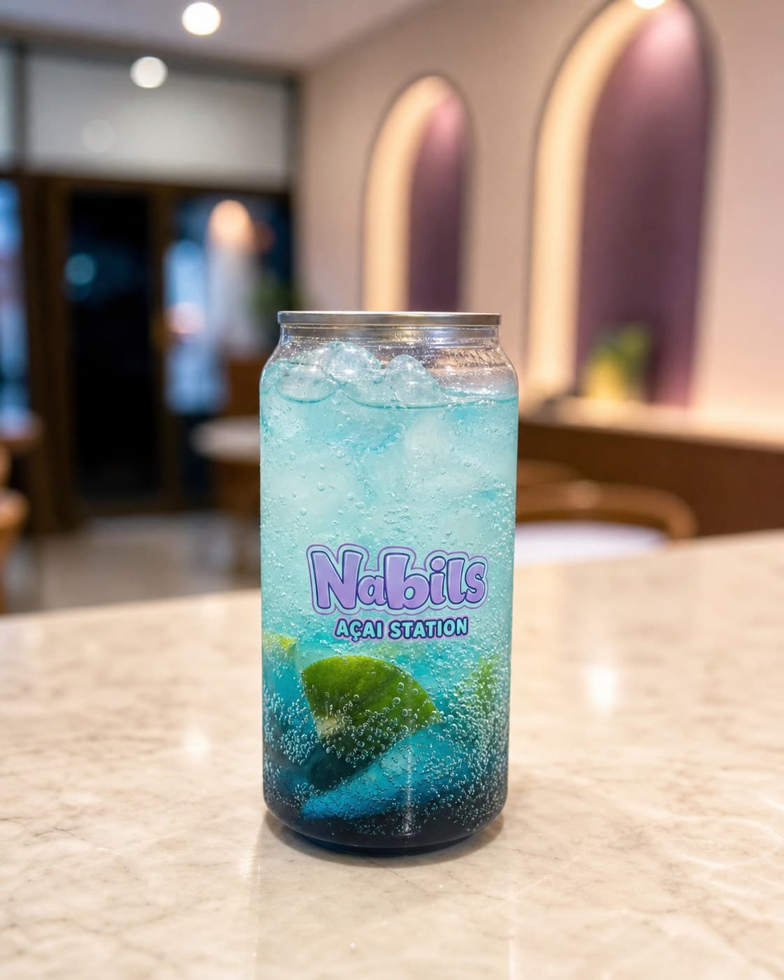 Blue Hawaii mocktail in a branded Nabil's can