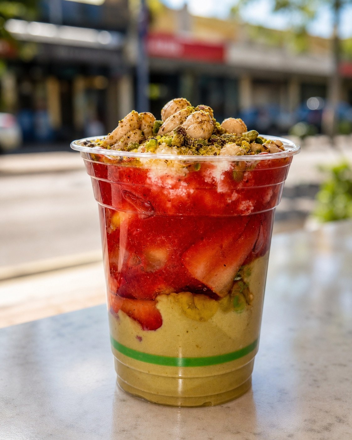 Colourful Nabil's fruit cocktails topped with fresh fruit and pistachio