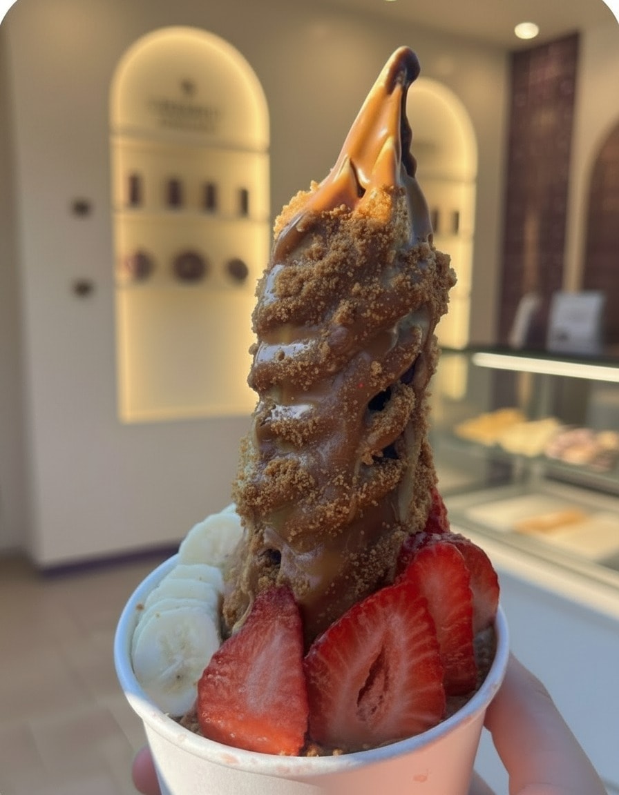 A towering Nabil's açaí bowl with banana, strawberries and Bueno drizzle