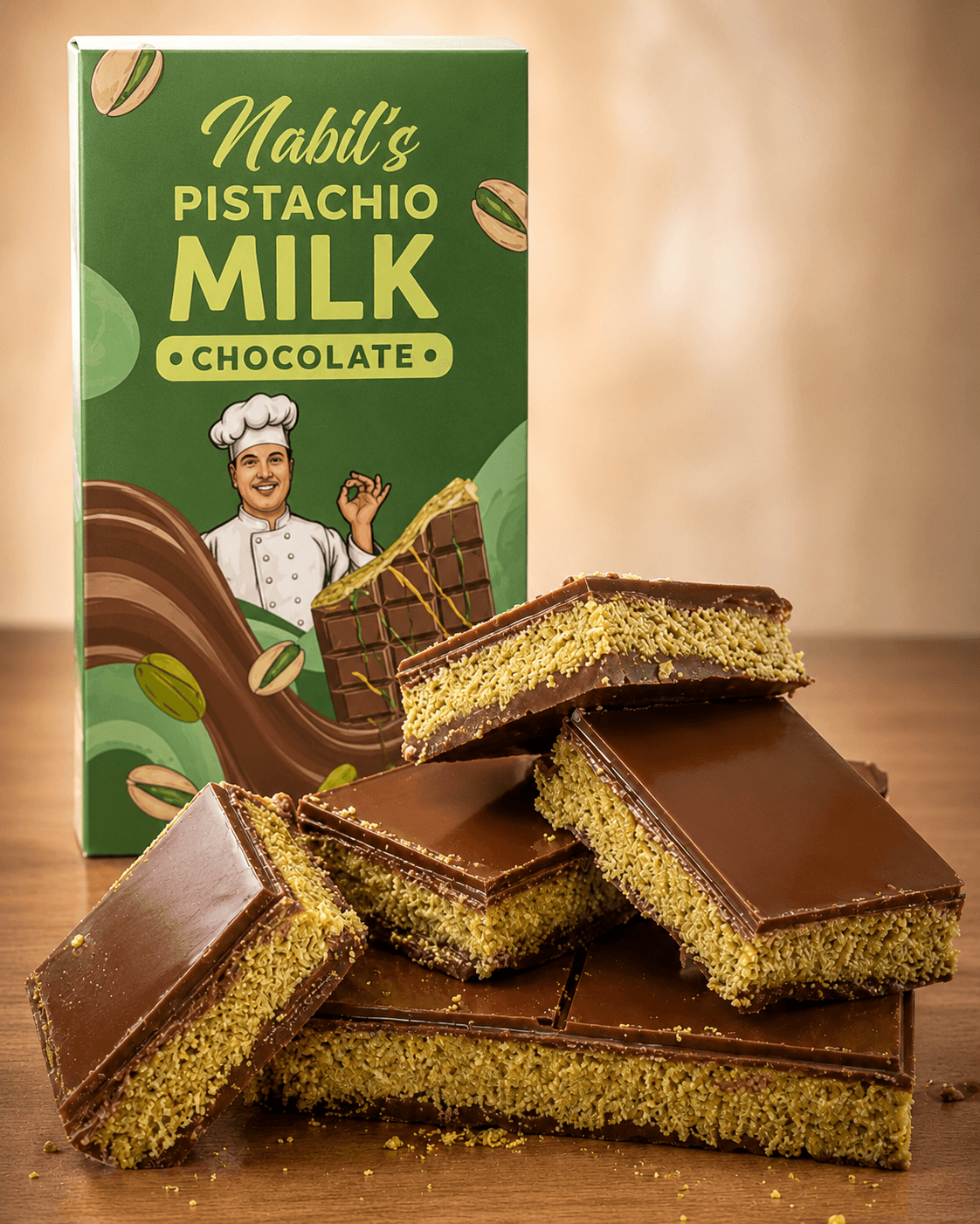 Nabil's viral Dubai chocolate with pistachio kataifi filling and a thick milk chocolate shell.