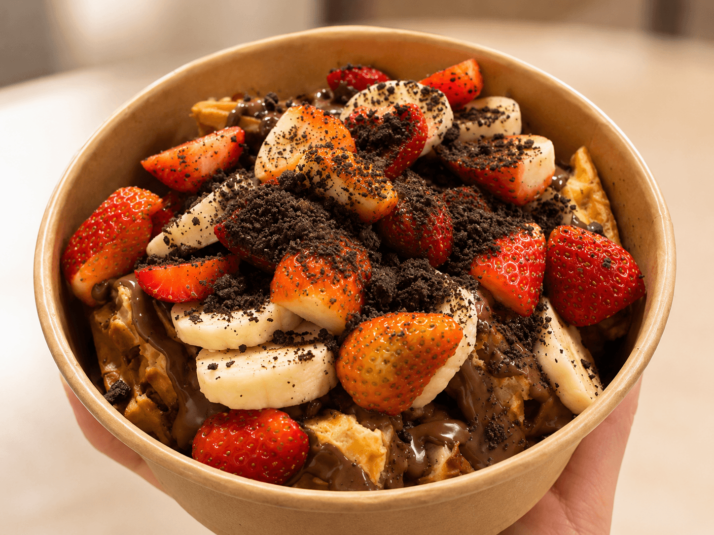 A waffle snack pack with strawberries, banana and drizzle