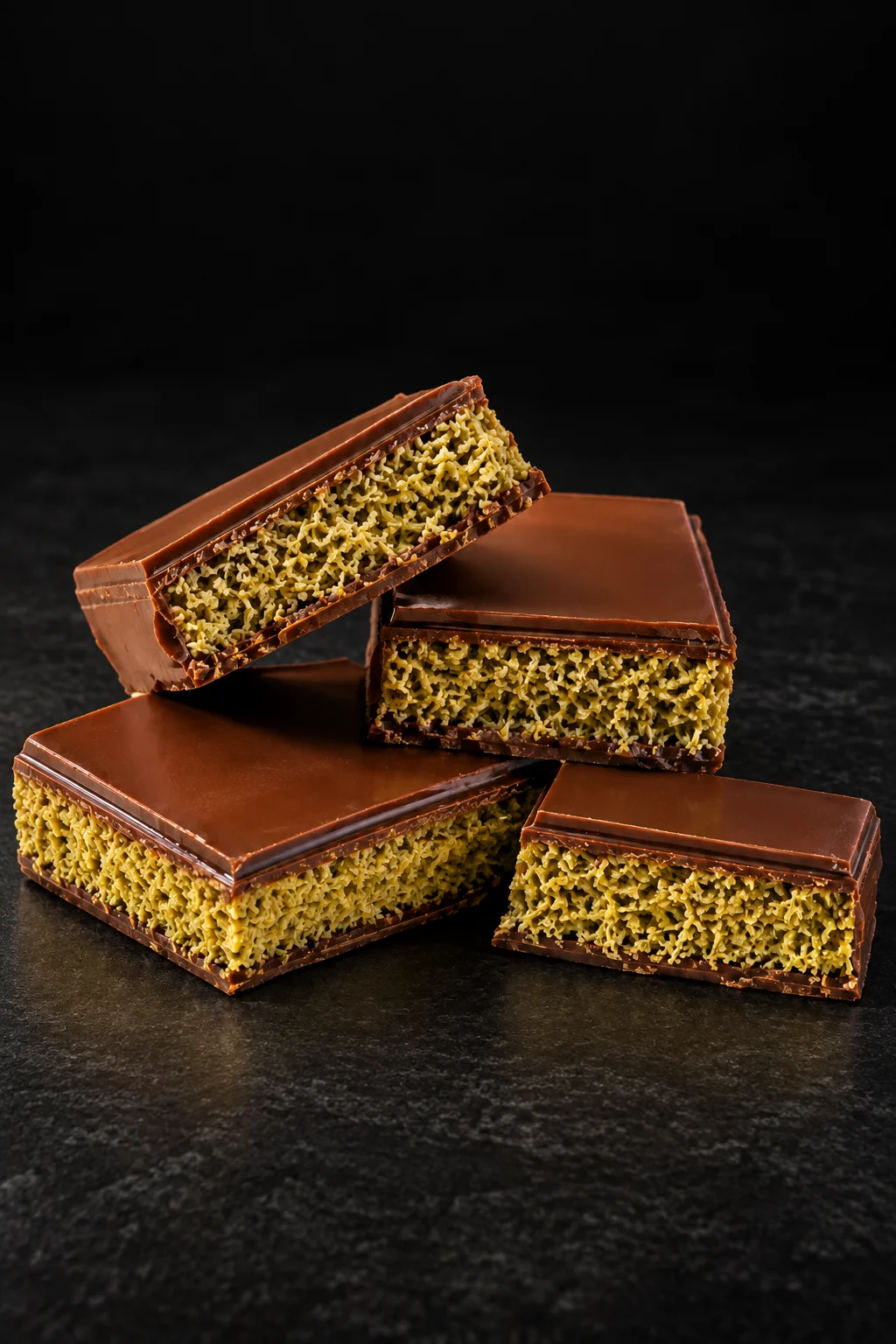 Nabil's Dubai chocolate stacked and cut open to show the pistachio kataifi filling