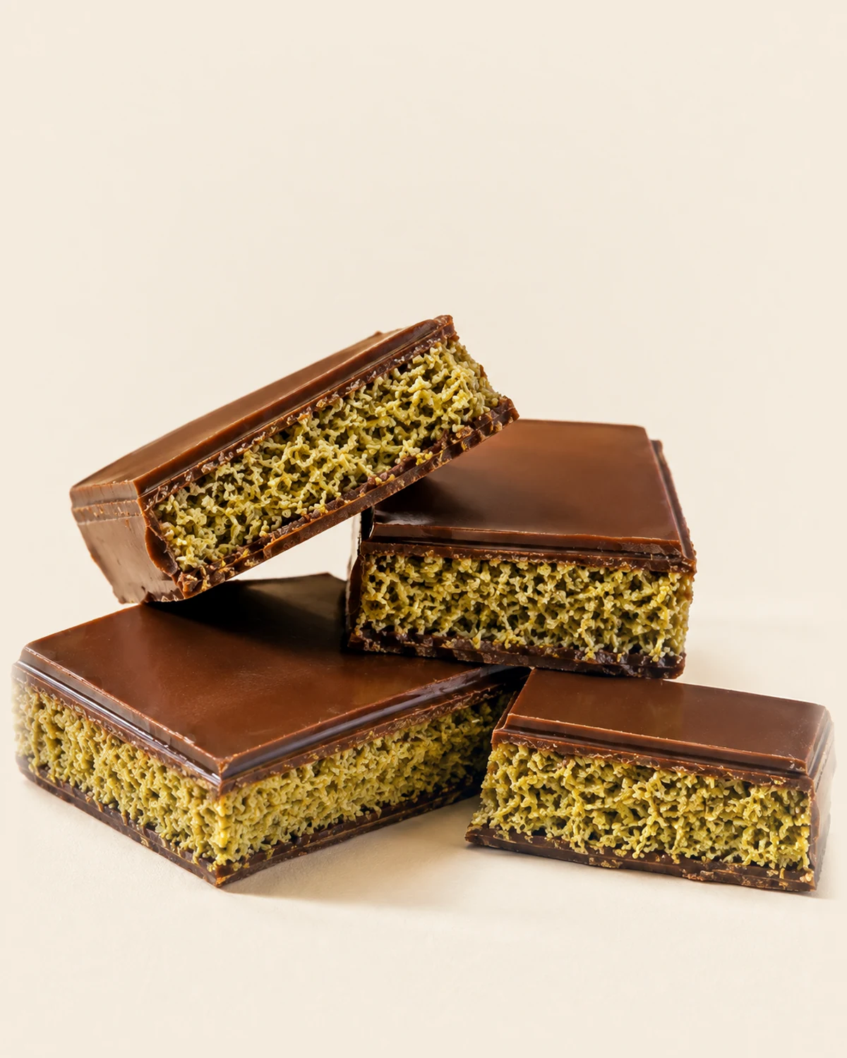 Nabil's Dubai chocolate stacked and cut open to show the pistachio kataifi filling