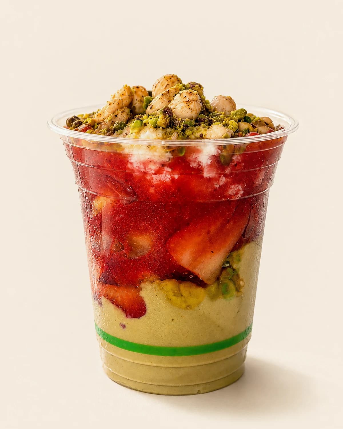 A Nabil's fruit cocktail layered with strawberry and avocado, topped with crushed nuts