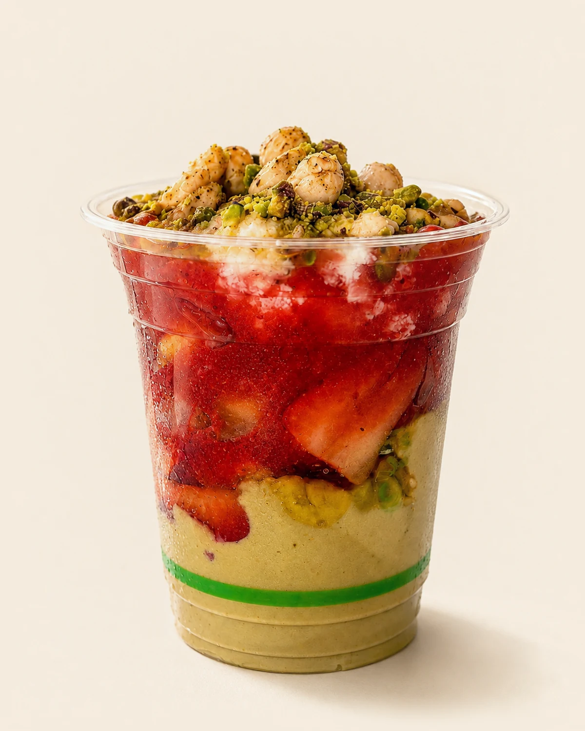 A Nabil's fruit cocktail layered with strawberry and avocado, topped with crushed nuts