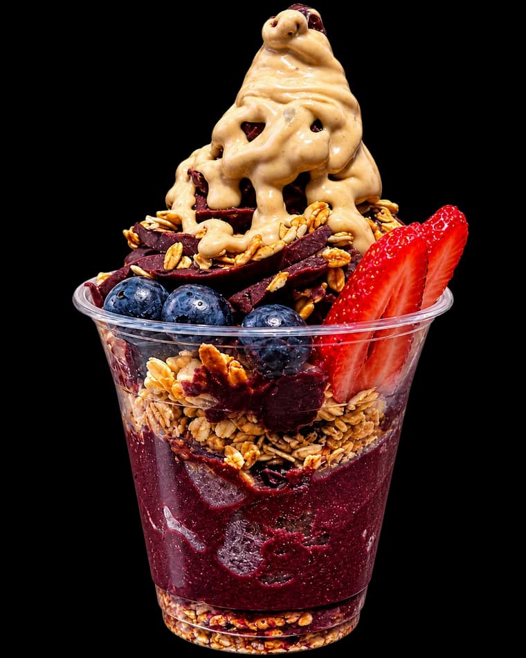 A Nabil's açaí cup with granola, strawberries, blueberries and a pistachio drizzle.