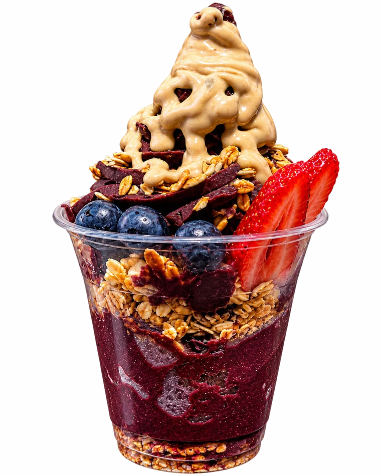 A finished Nabil's açaí cup — açaí, granola, blueberries, strawberry and a drizzle swirl.